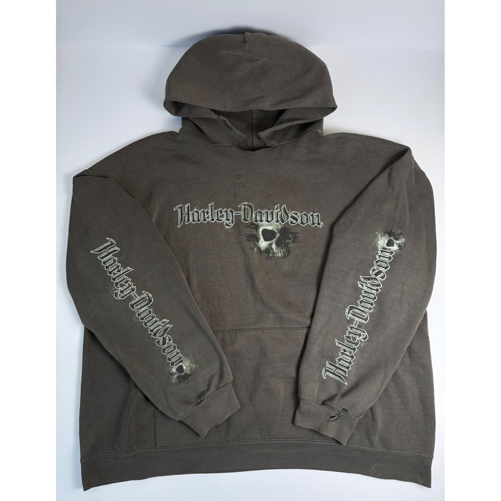 Harley-Davidson Bike Town Ohio Distressed Skull Hoodie Mens 2XL Charcoal Brown